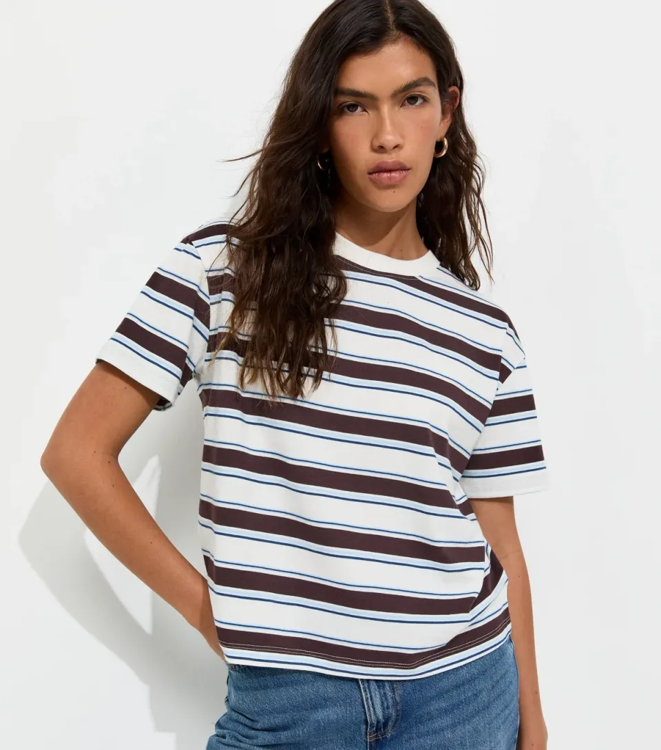 Women's Brown Cotton Striped Boxy Fit T-Shirt