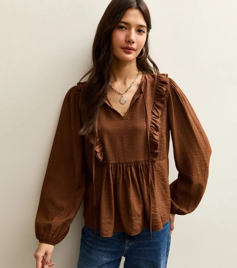 Women's Mid Brown Ruffle Tie Long Sleeve Blouse
