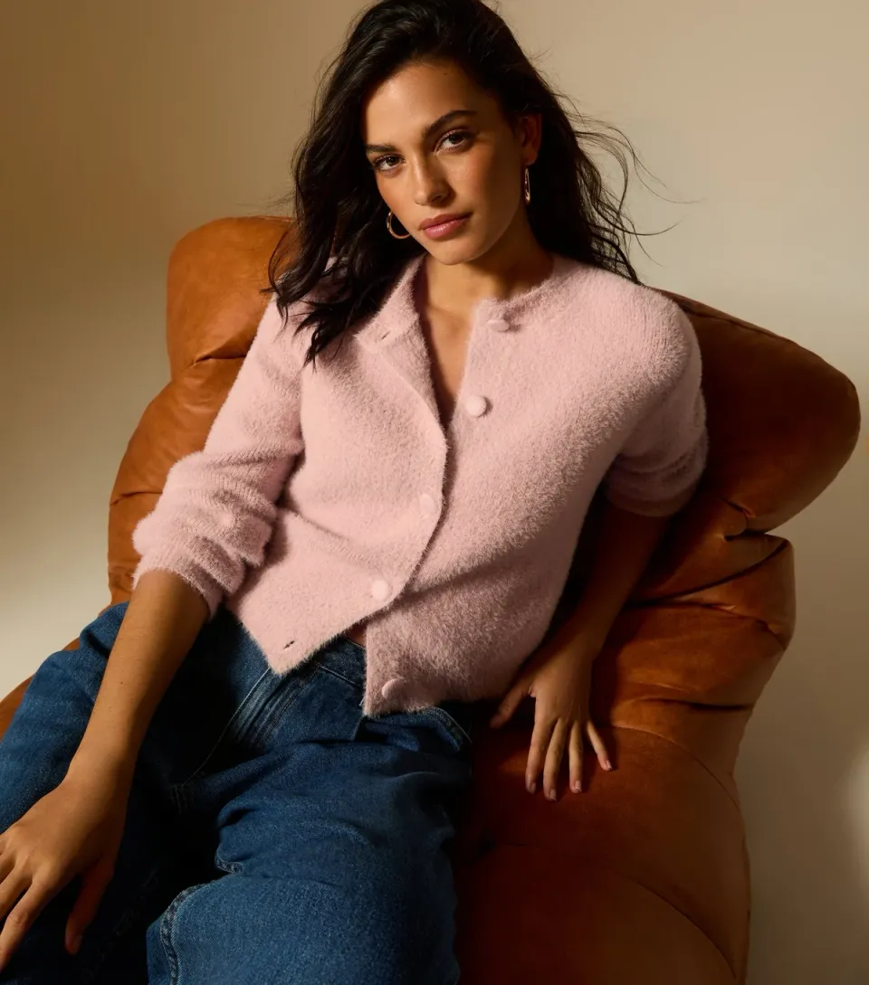 Women's Pink Fluffy Texture Crew Neck Cardigan