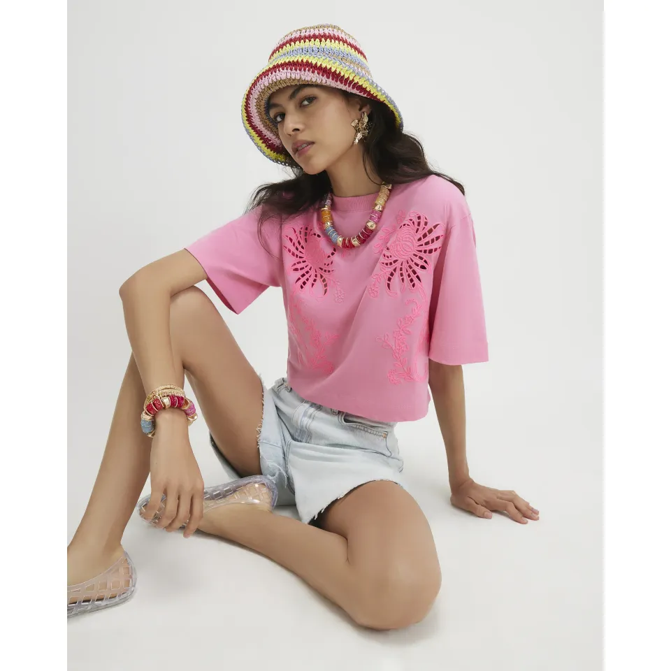 Cotton Cutwork Boxy Cropped T-Shirt
