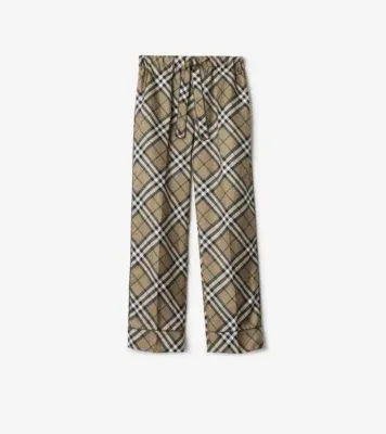 Check Silk Pyjama Trousers in Linden beige