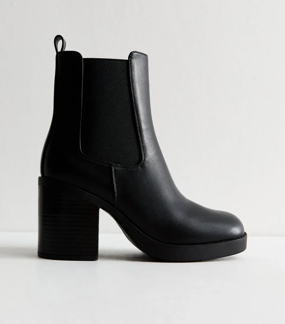 Women's Black Faux Leather Chunky Heel Chelsea Boots Vegan