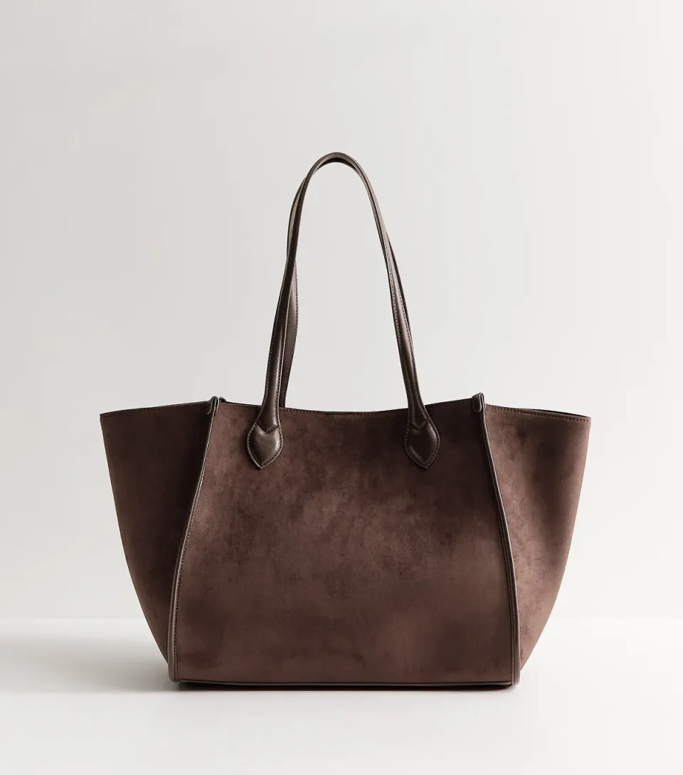 Dark Brown Faux Suede Winged Tote Bag