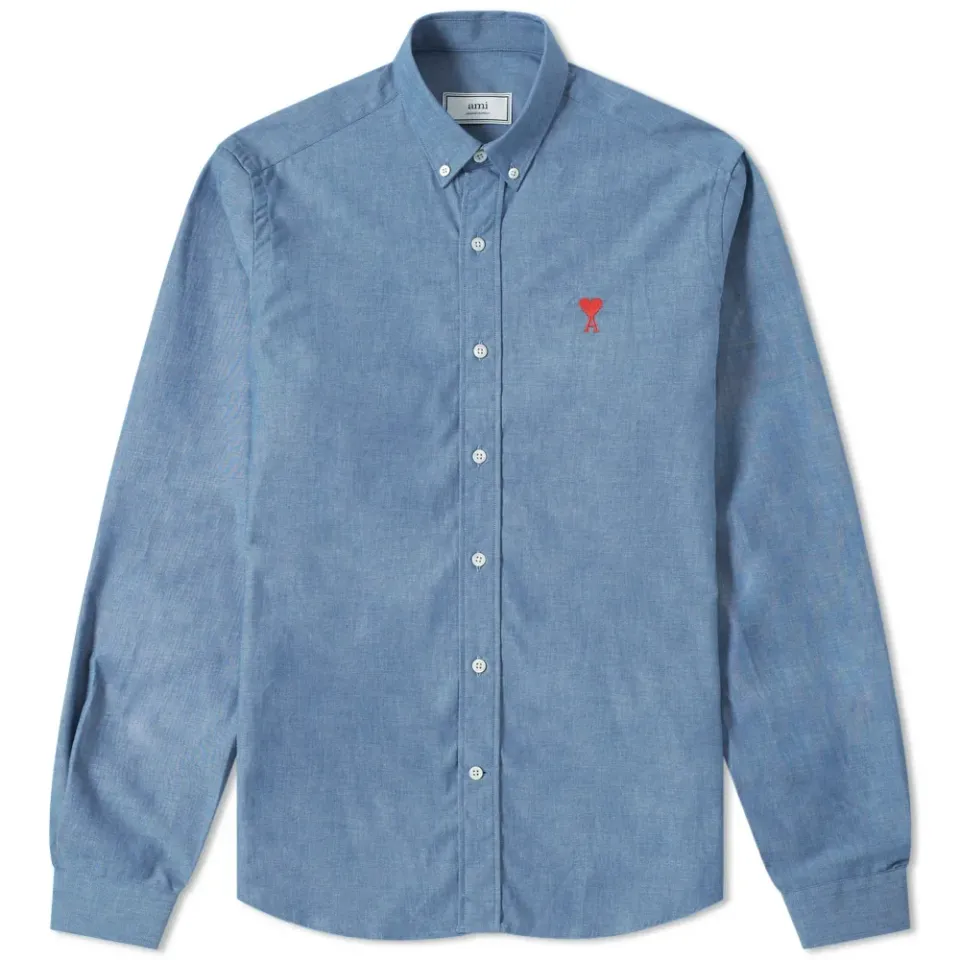 AMI Embroidered Heart Logo Chambray Button Down Shirt