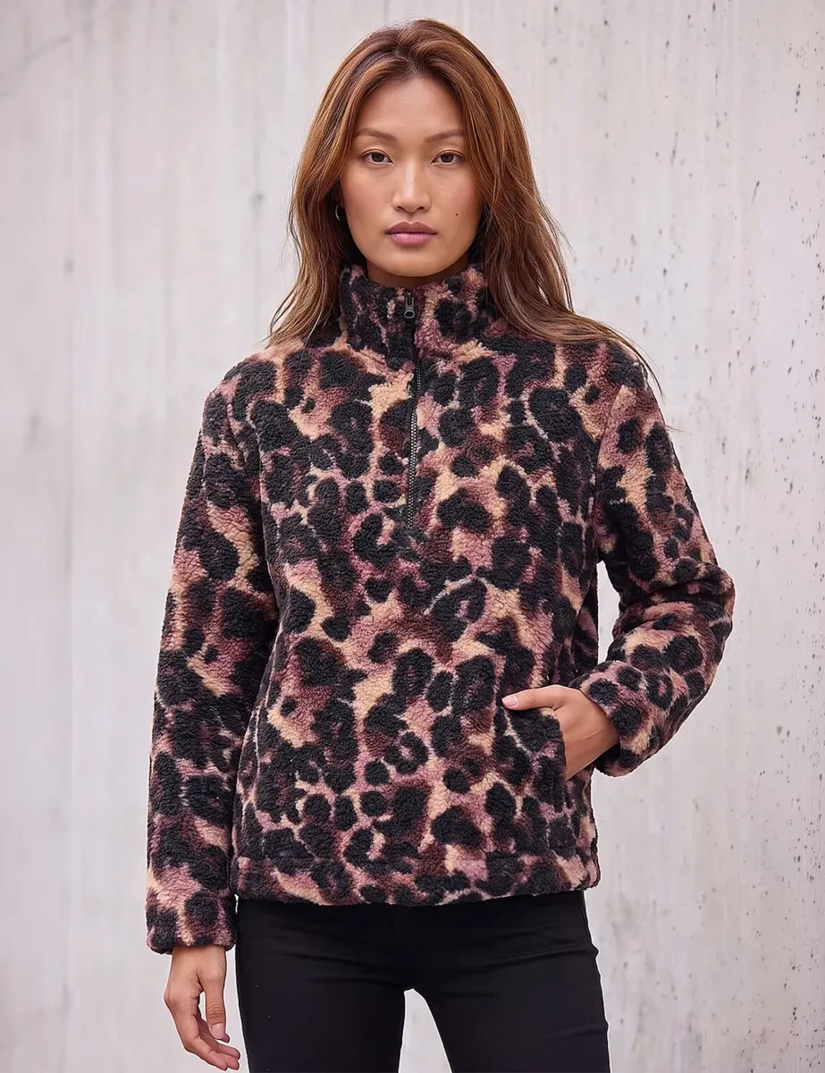 Printed Zip Neck Cropped Jacket Mauve