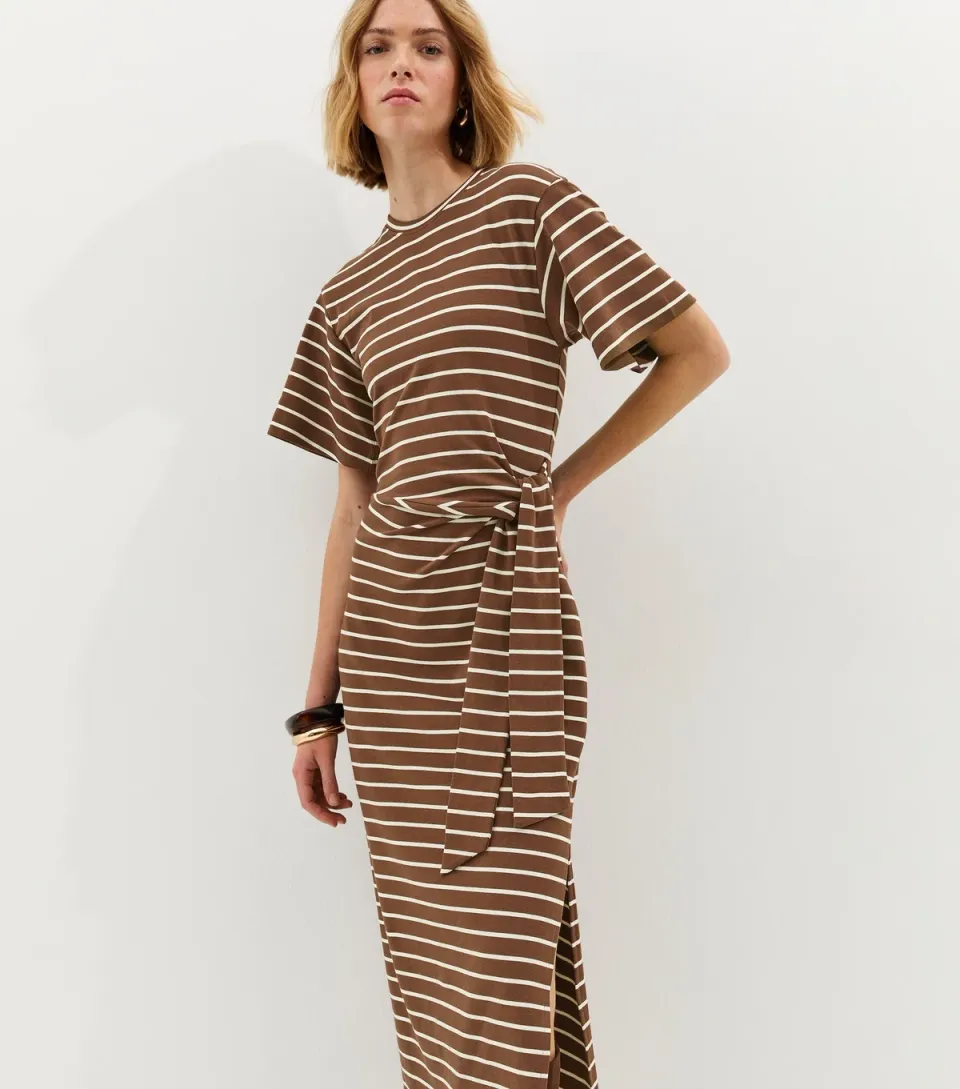 Women's Blue Stripe Tie Waist Midi Dress