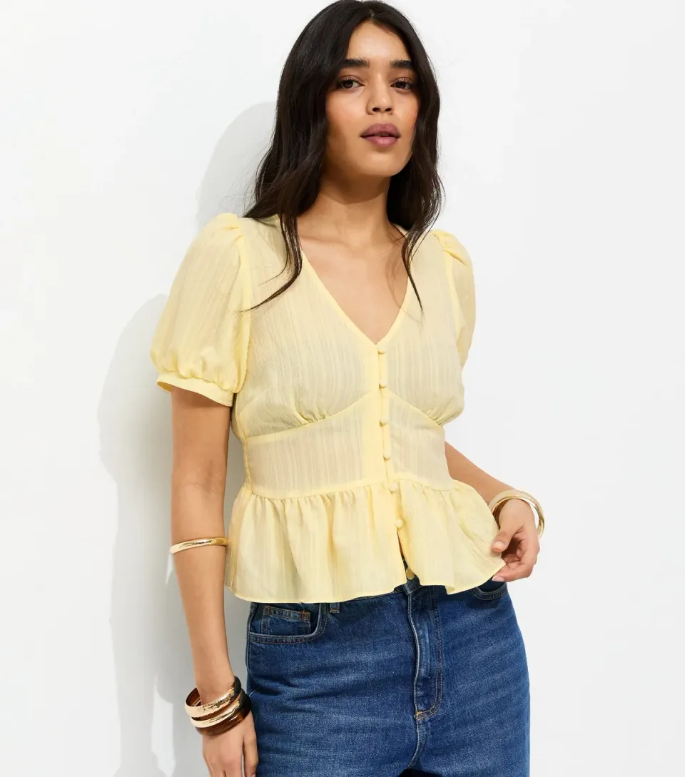 Women's Light Yellow V Neck Tea Blouse