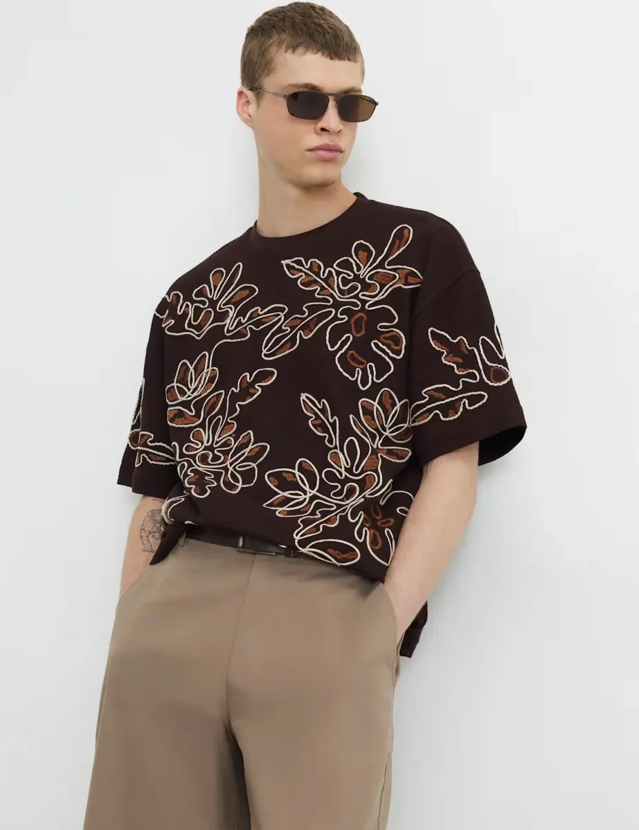 Oversized Cotton Rich Floral T-Shirt Brown Mix
