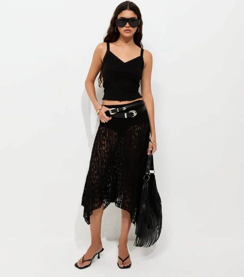 Women's Black Sheer Lace Hanky Hem Midi Skirt