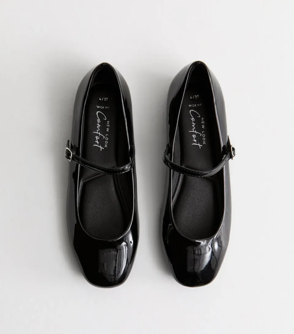 Women's Wide Fit Black Patent Mary Jane Strappy Ballerina Pumps