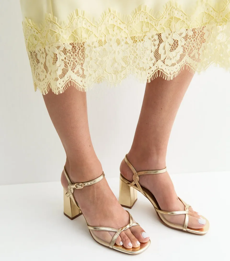 Women's Gold Faux Leather Twist Strap Block Heel Sandals Vegan