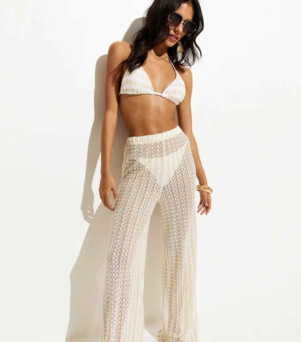Women's Gold Semi Sheer Lace Wide Leg Beach Trousers