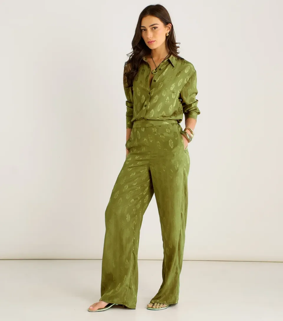 Women's Light Khaki Floral Satin Jacquard Trousers