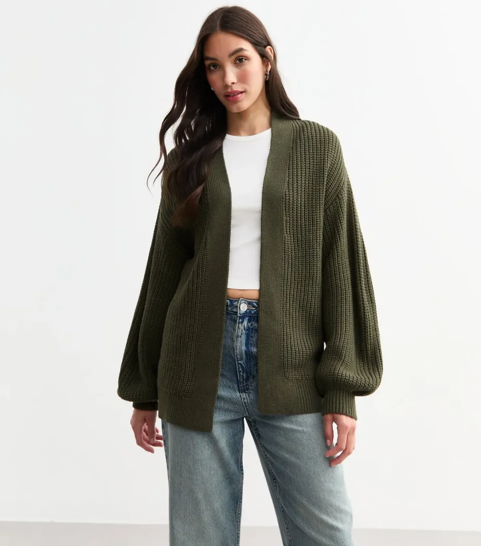 Women's Khaki Balloon Sleeve Chunky Knit Cardigan
