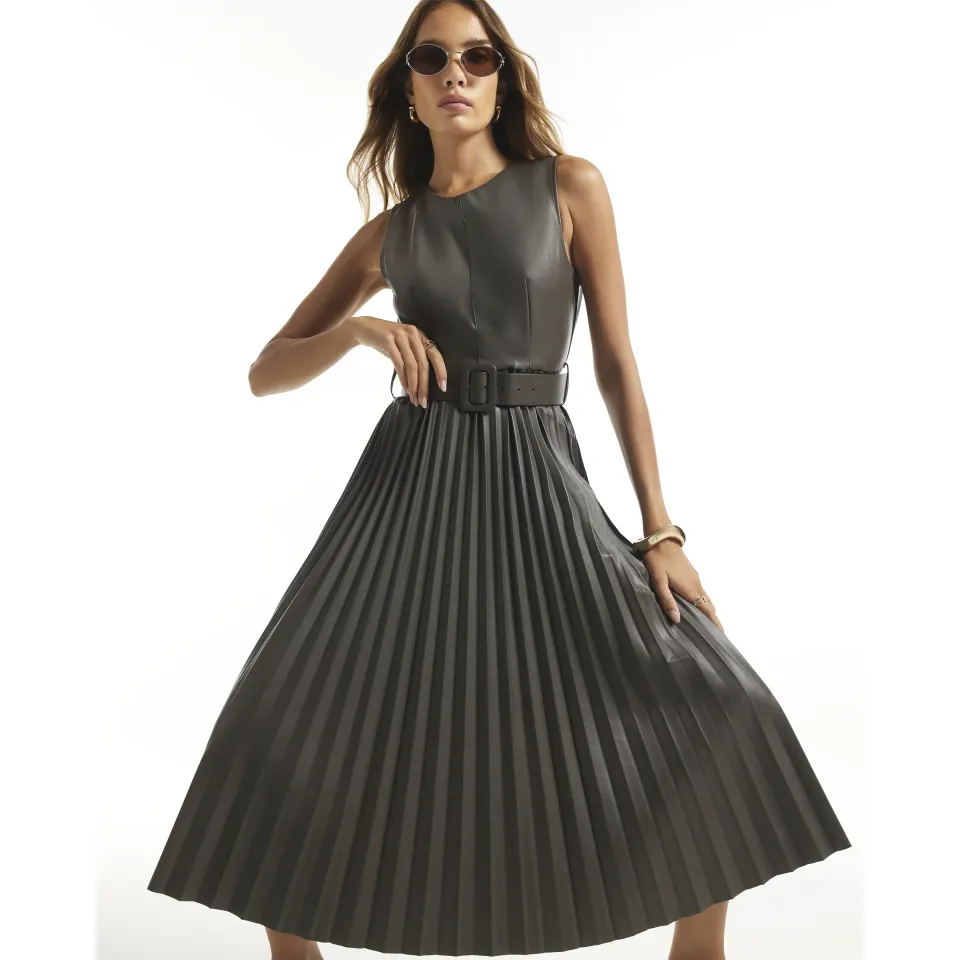 Faux Leather Belted Pleated Midi Dress