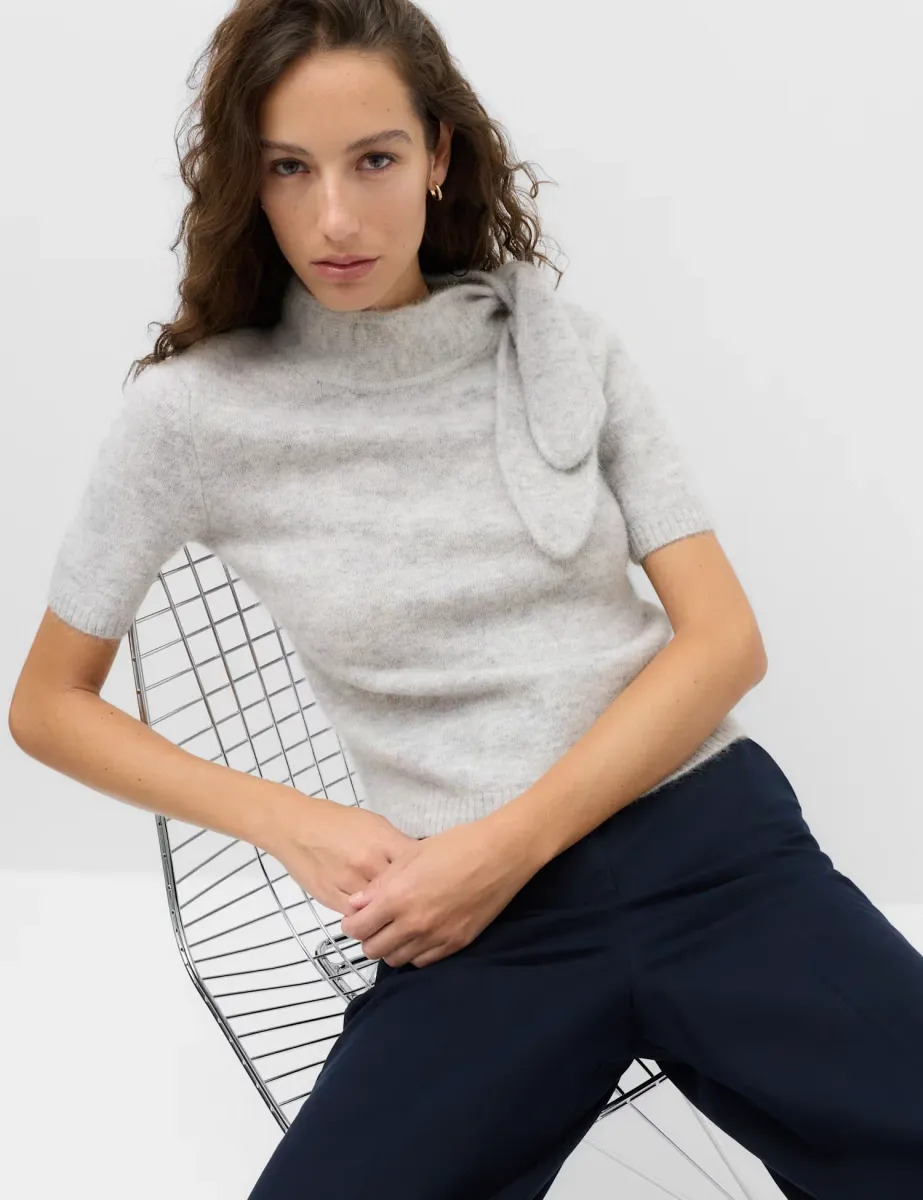 Wool Blend Scarf Neck Tie Knitted Short Sleeve Top Light Grey