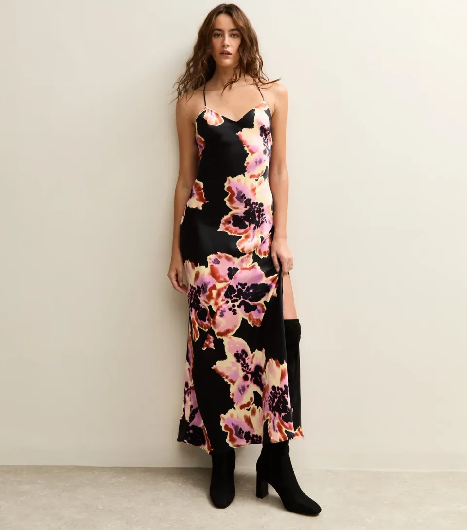 Women's Black Floral Print Low Back Midi Dress