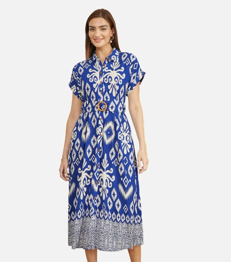 Women's Blue Patterned Shirt Dress