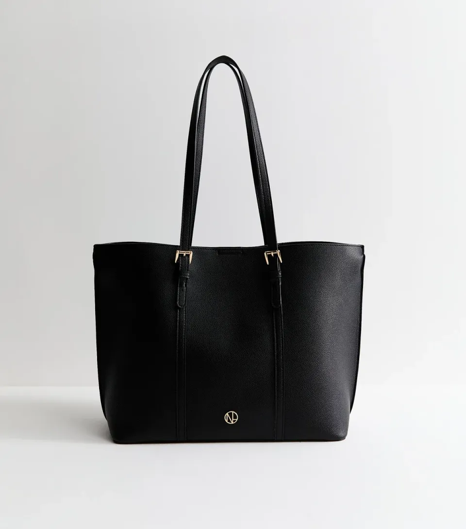 Black Faux Logo Plaque Leather Tote Bag Vegan