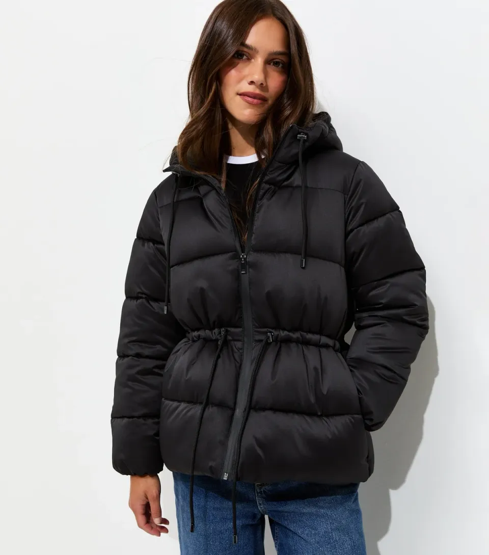 Women's Petite Black Cinched Waist Puffer Jacket