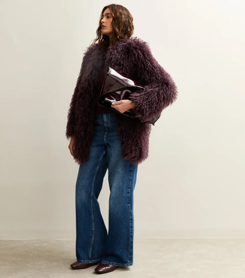 Women's Dark Burgundy Faux Fur Midi Coat
