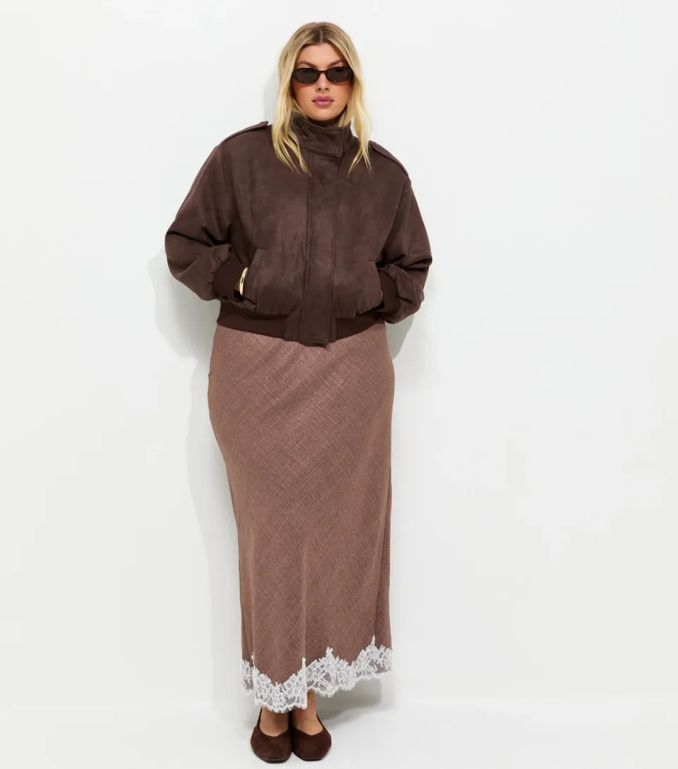 Women's Plus Size Dark Brown Woven Lace Trim Midi Skirt Curves
