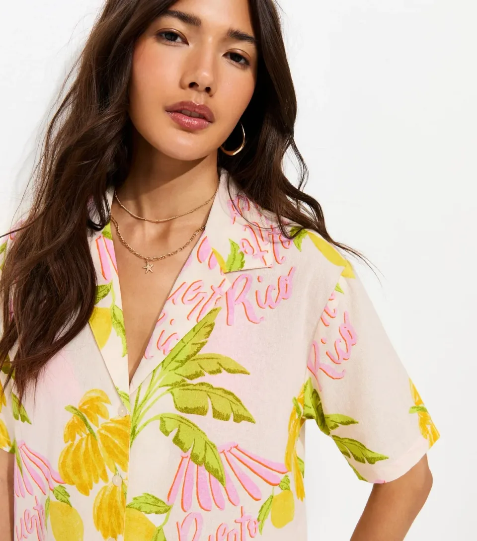 Women's Cream Cotton Palm Resort Shirt