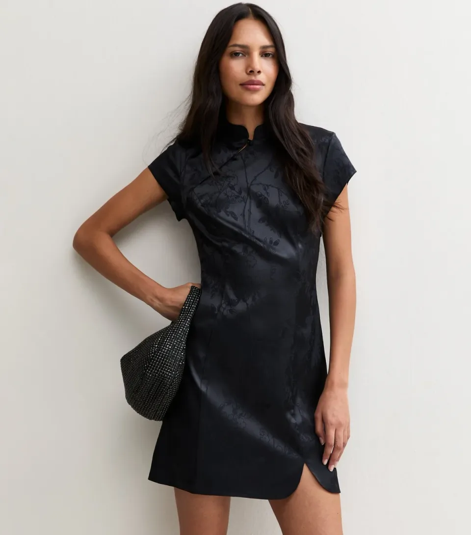Women's Black Floral Satin Mandarin Collar Mini Dress