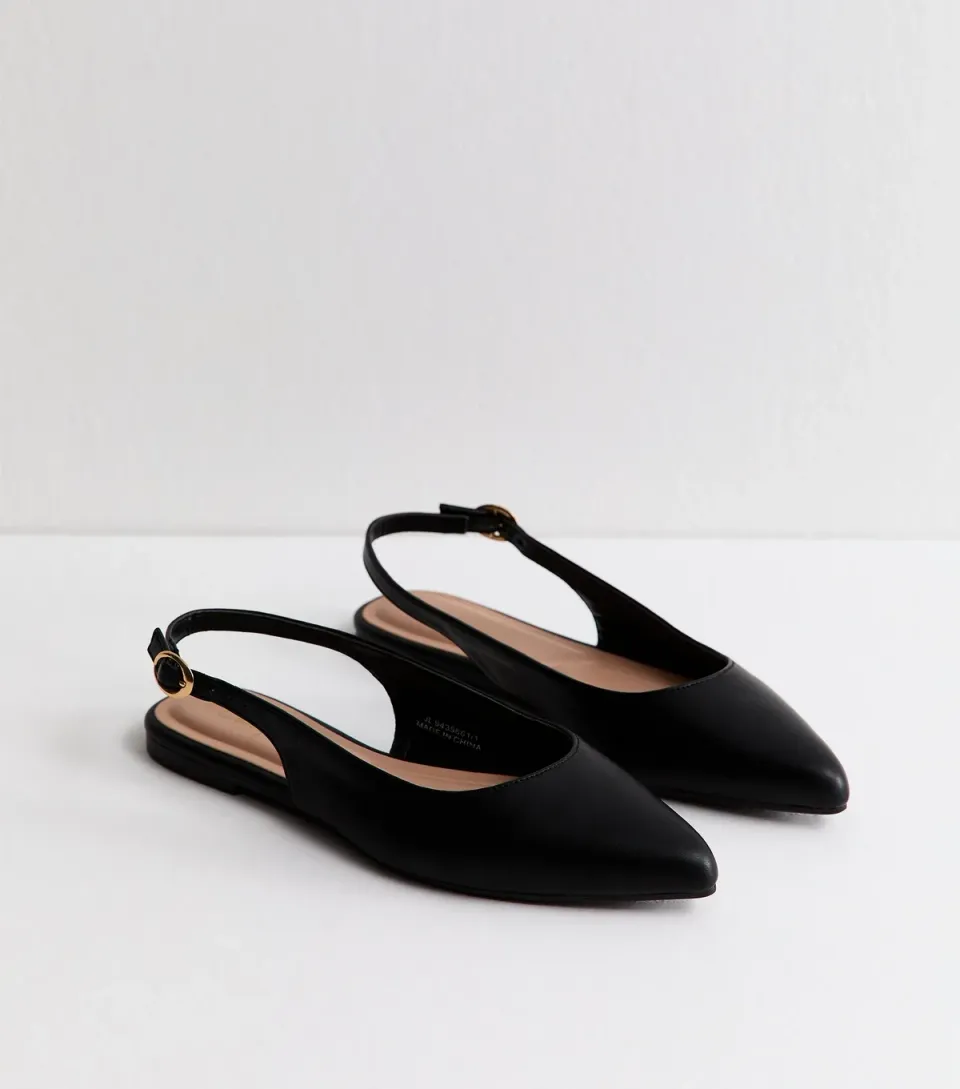 Women's Black Faux Leather Slingback Flat Pumps Vegan