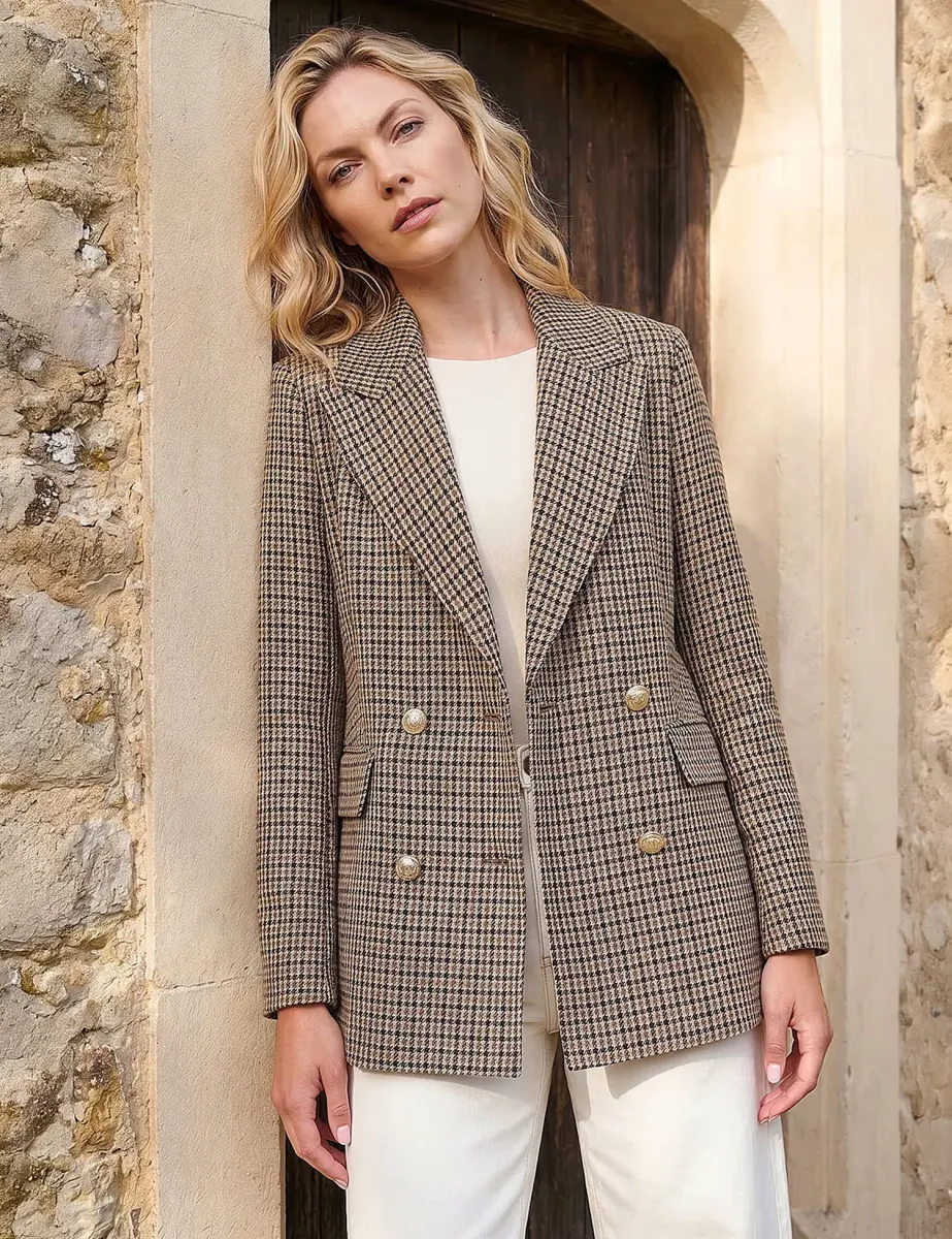 Tweed Oversized Double Breasted Cropped Blazer with Wool Brown Mix
