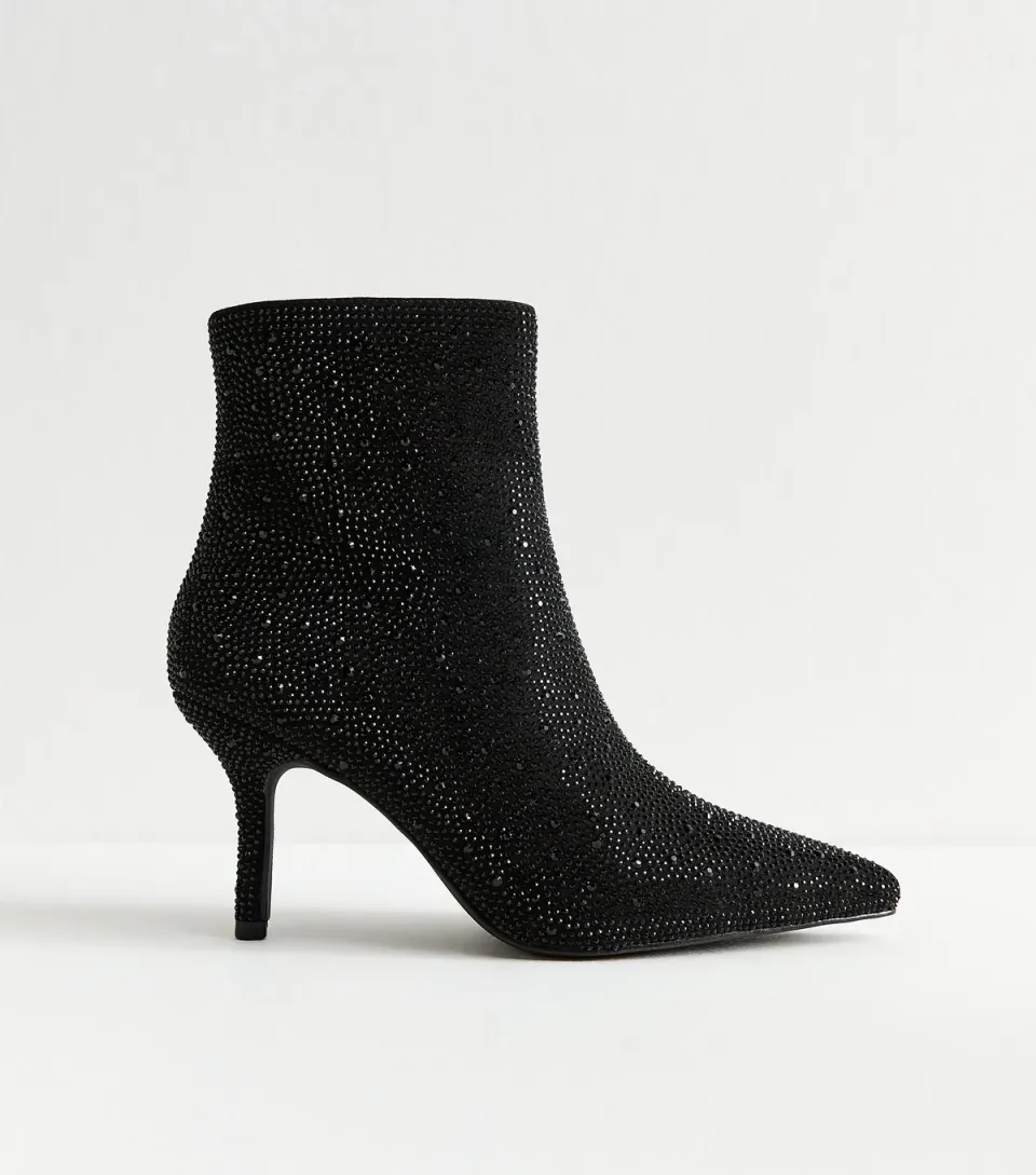 Women's Black Diamante Embellished Point Toe Boots Vegan