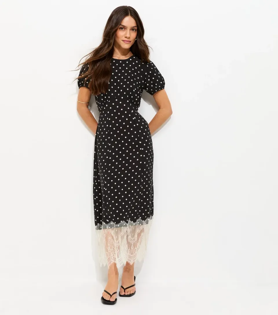 Women's Petite Black Spot Print Lace Hem Midi Dress