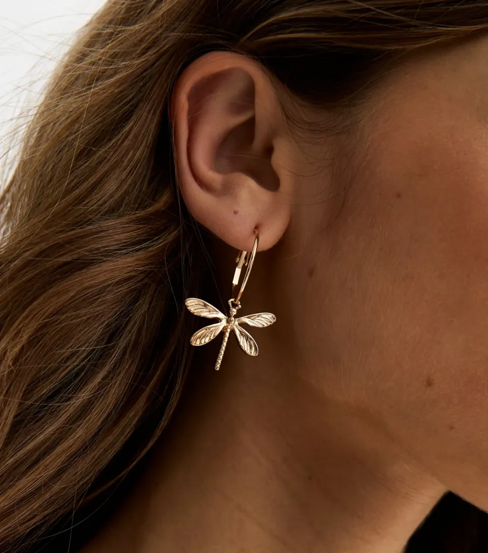 Gold Tone Dragonfly Drop Hoop Earrings
