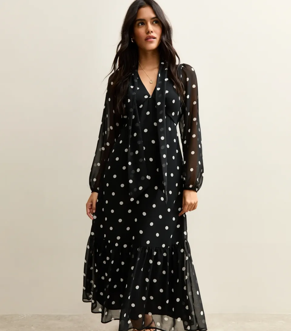 Women's Black Polka Dot Bow Chiffon Midi Dress