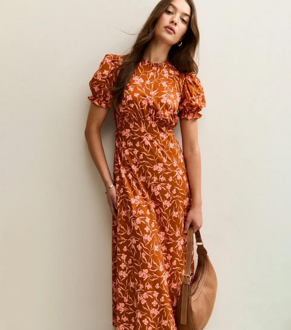 Women's Orange Floral Print Short Sleeve Midi Dress