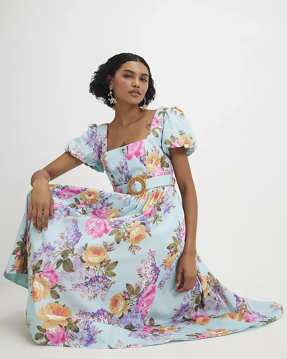 Cotton Blend Gathered Floral Midi Dress