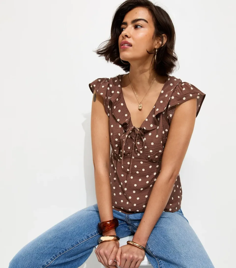Women's Brown Spot Print Frill Trim Tea Top