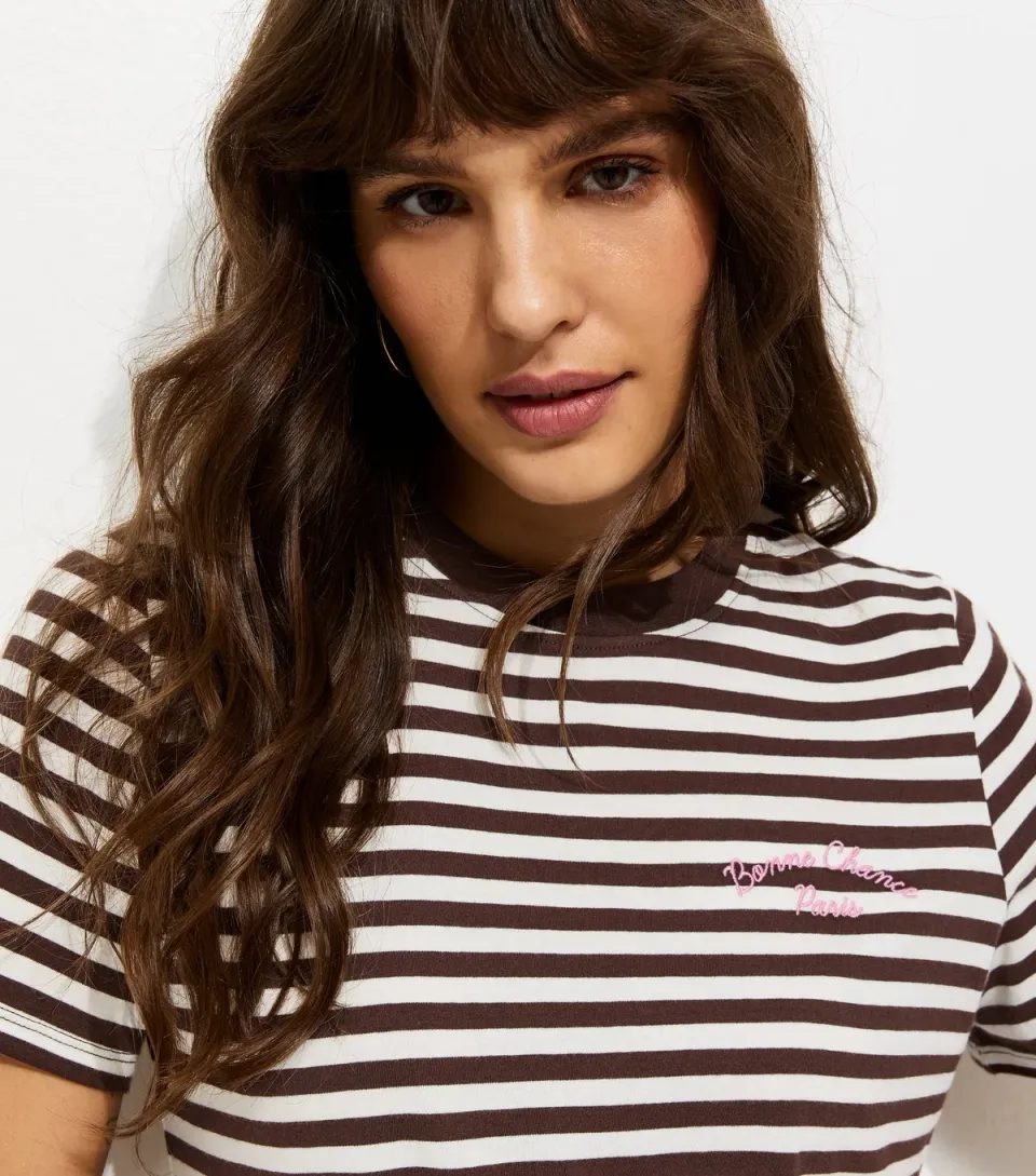 Women's Tall Brown Cotton Striped Bonne Chance Embroidery T-Shirt