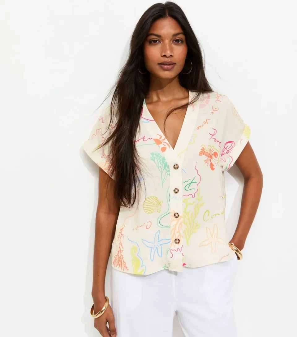 Women's Cream Shell Print Button Front Shirt