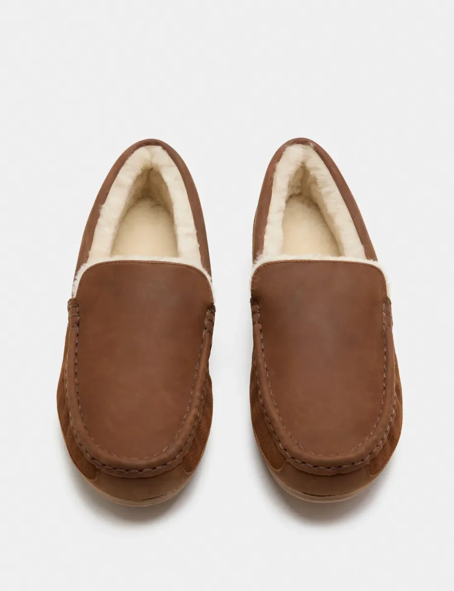 Leather Moccasin Slippers with Freshfeet Tan
