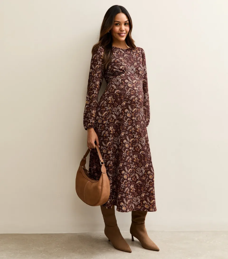 Women's Maternity Brown Crinkle Long Sleeve Paisley Midi Dress