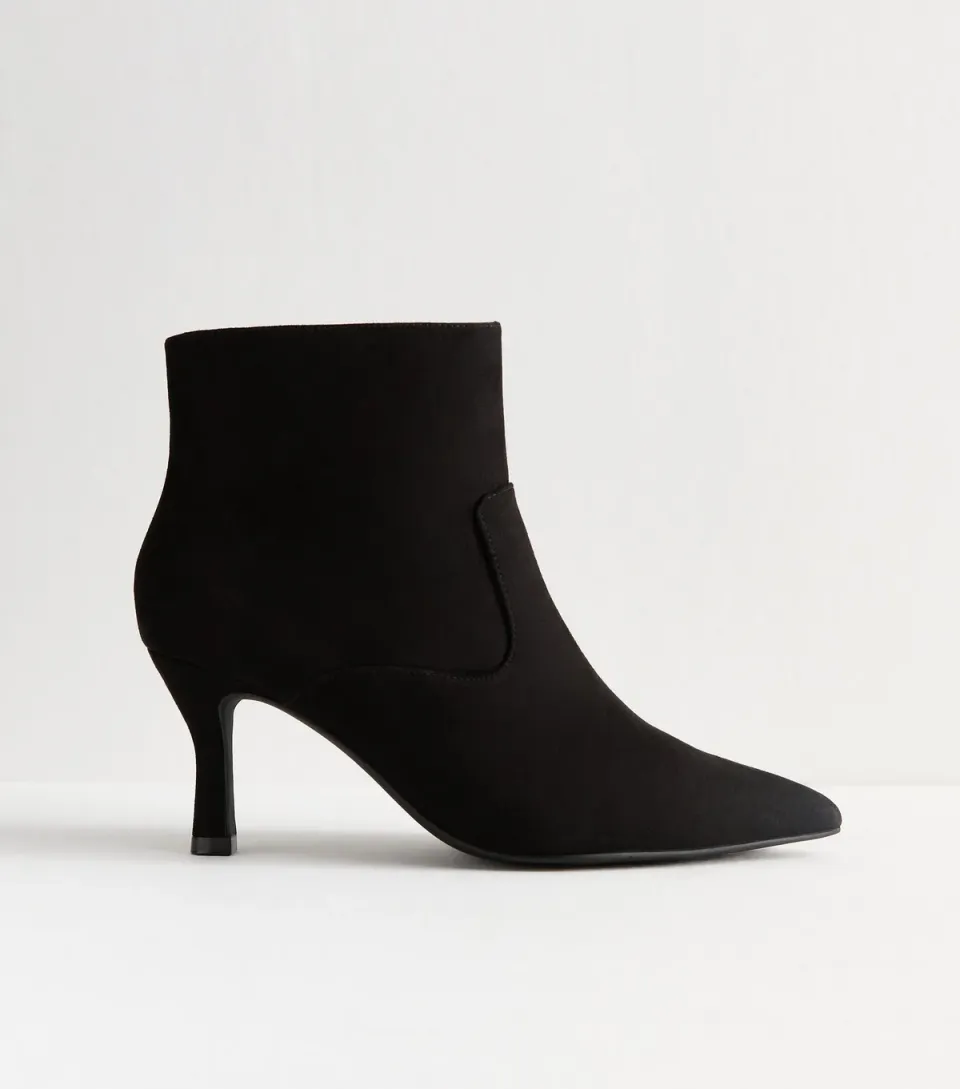 Women's Wide Fit Black Faux Suede Stiletto Heel Ankle Boots Vegan