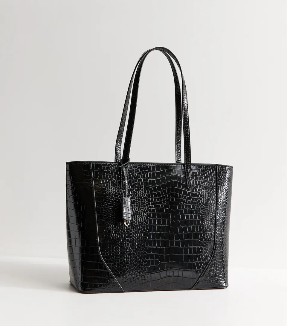 Black Faux Leather Crocodile Embossed Tote Bag Vegan