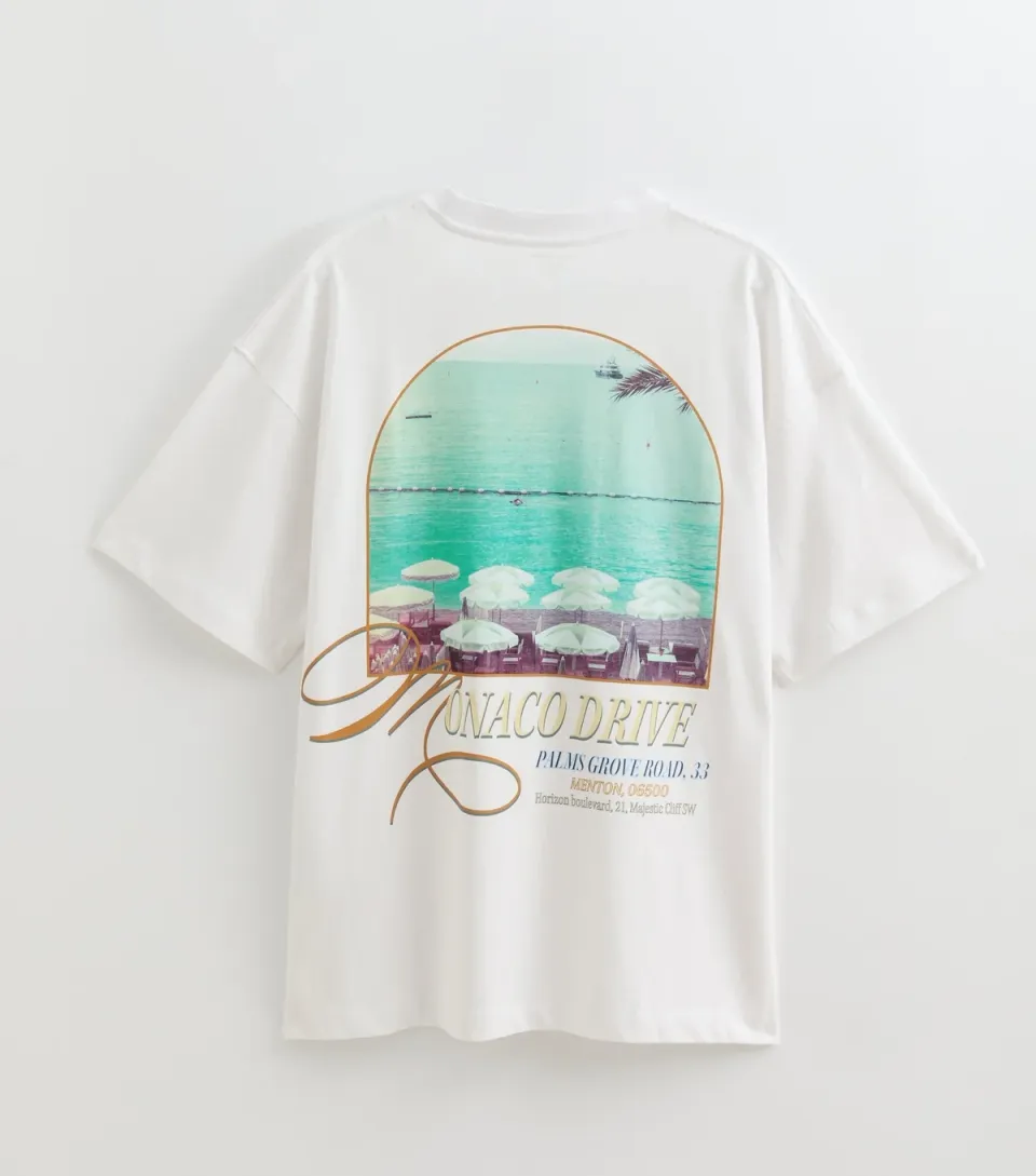 Men's White Cotton Monaco Drive Print T-Shirt