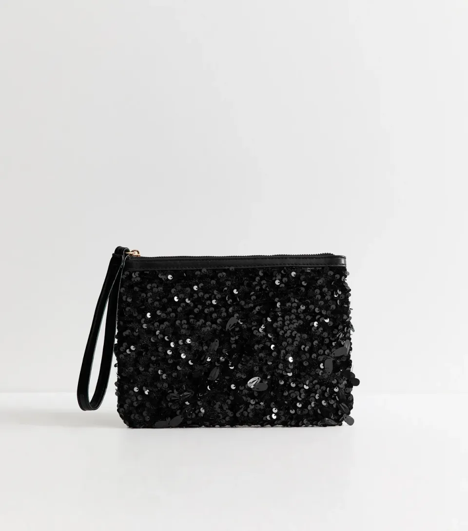 Black Teardrop Sequin Embellished Pouch