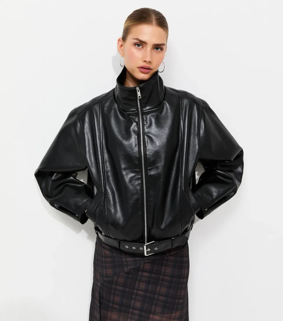 Women's Black Faux Leather Buckle Hem Funnel Neck Jacket
