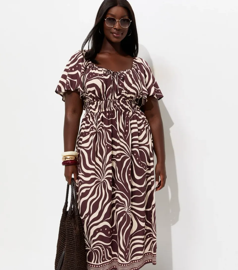 Women's Plus Size Brown Printed Flutter Sleeve Milkmaid Midi Dress Curves