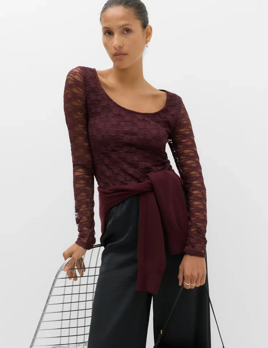 Lace Scoop Neck Top Dark Aubergine