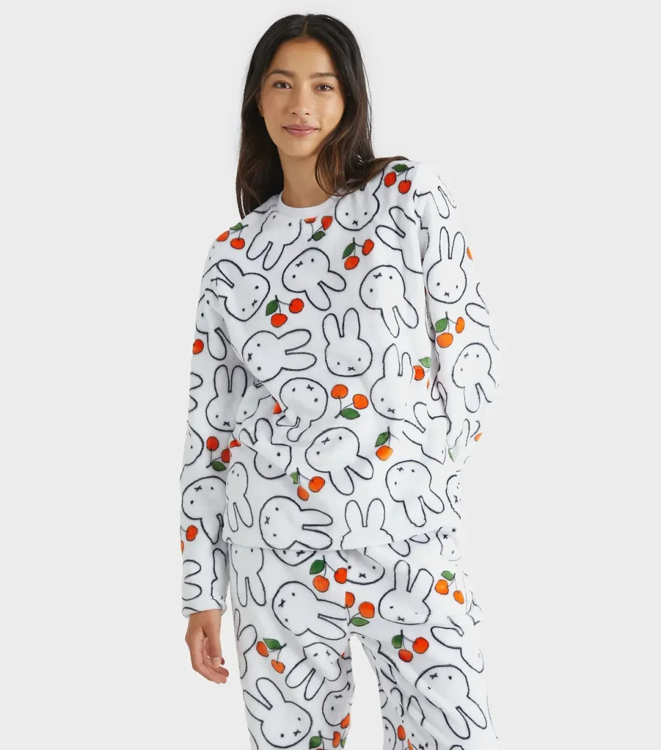 Women's White Miffy Cherry Fleece Pyjama Set