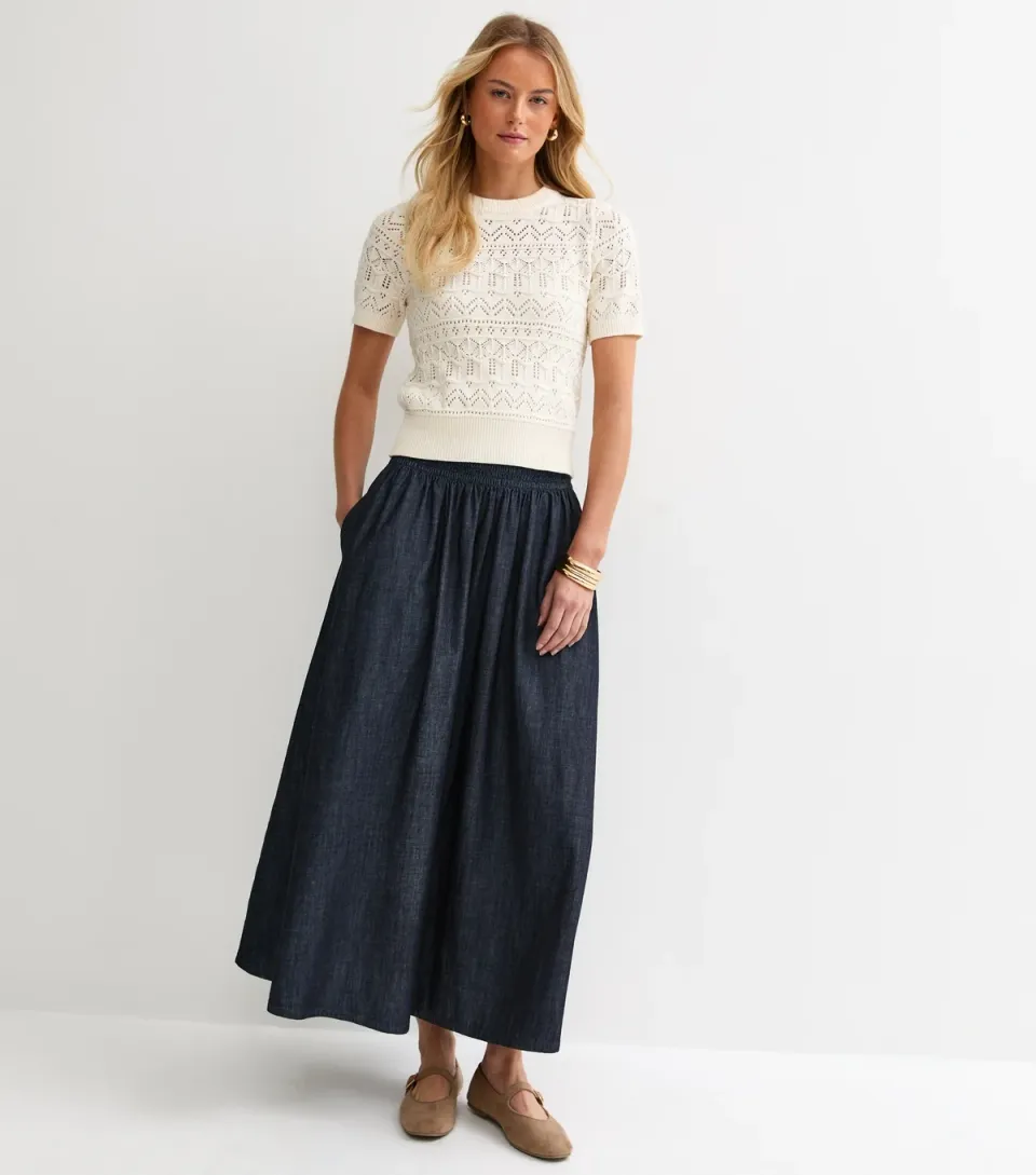 Women's Tall Navy Shirred Denim Midi Skirt